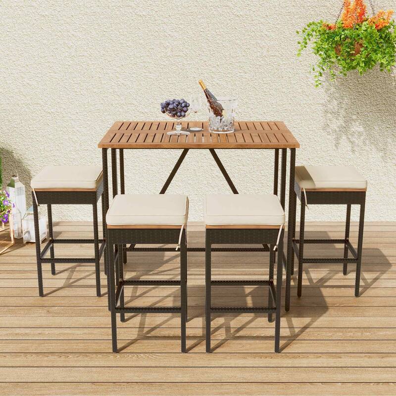 5-Piece Acacia Wood & Wicker Outdoor Bar-Height Bistro Set