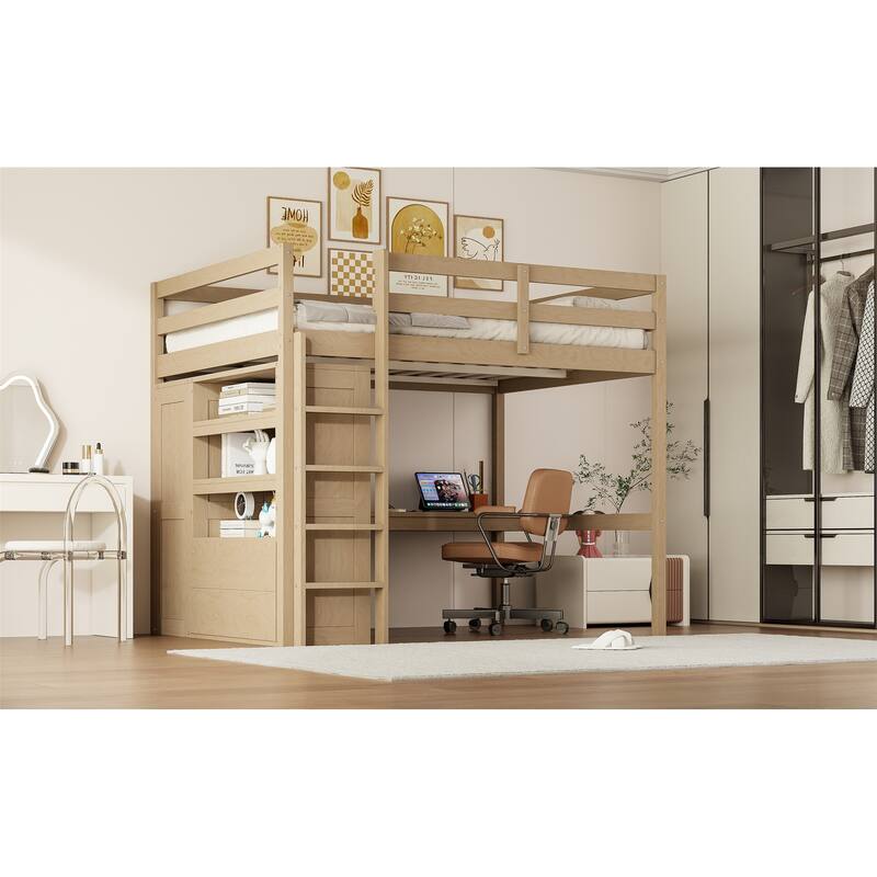 Full Size Loft Bed with Wardrobe, Desk, Shelves, and Drawers in Walnut Finish