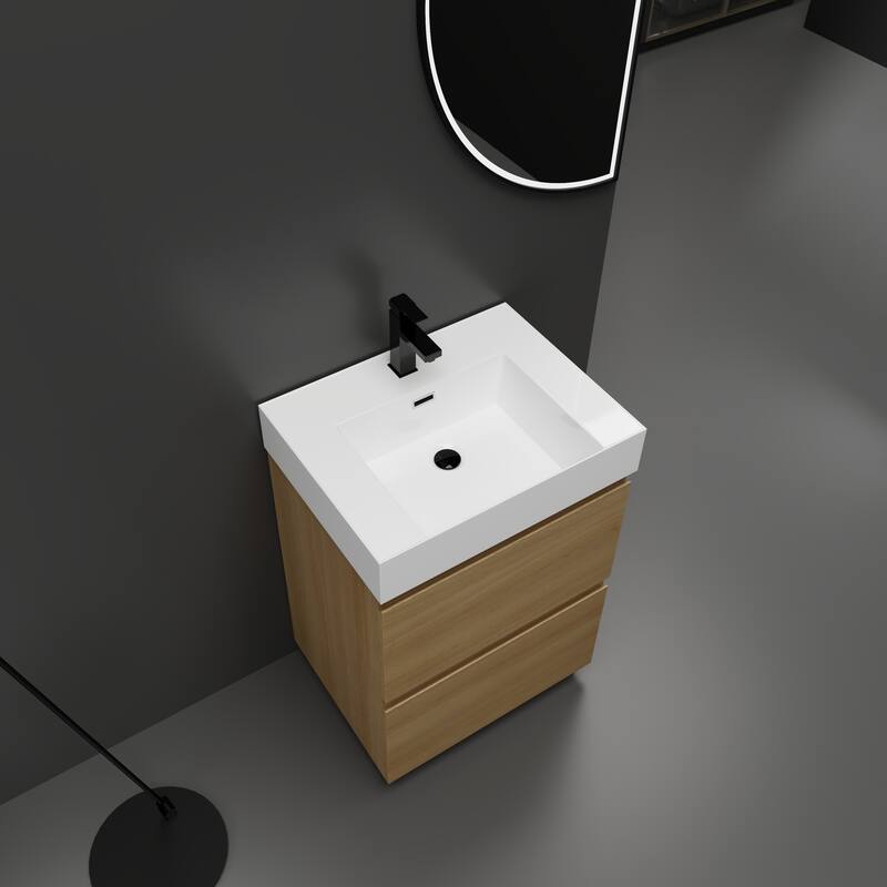 Elegant 24-Inch Bathroom Vanity with Single Resin Sink, 2 Drawers, Waterproof Finish, and Pre-Drilled Faucet Hole