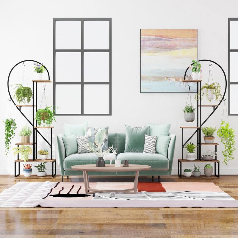 Gymax 6-Tier Metal Plant Stand w/12 Boards 6 Hanging Hooks Tall