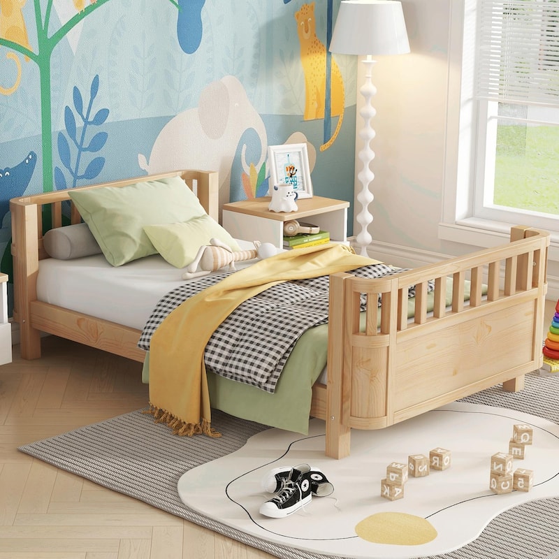 Wood Platform Bed for Kids, Low Profile Wooden Full Bed with Rails