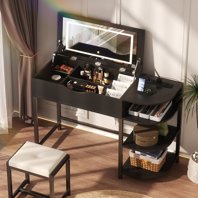 Flip Top Vanity Desk with LED Mirror and Charging Station, Modern Makeup Table with Hiden Storage - Black