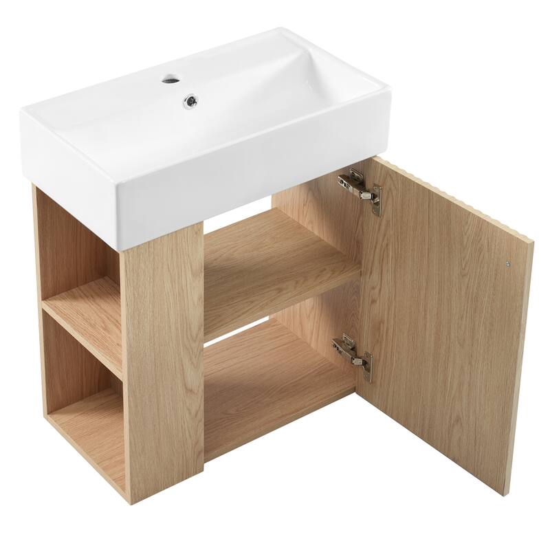 Floating Bathroom Vanity with Sink, Wall Mounted Bathroom Vanity, Storage Cabinet with Open Shelf & Wave-Patterned Door