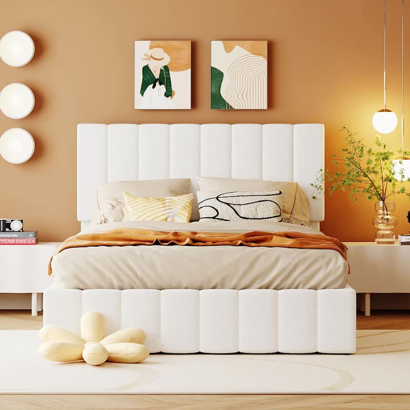 Full size Upholstered Platform bed with a Hydraulic Storage System - White