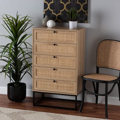 Amelia Mid-Century Modern Transitional Natural Brown Finished Wood and Natural Rattan 5-Drawer Storage Cabinet