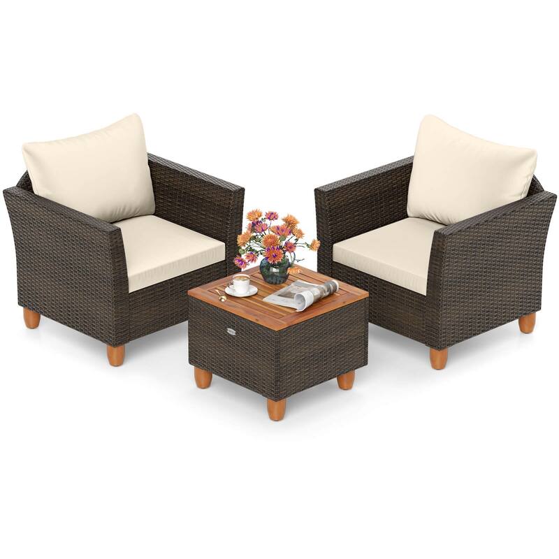Costway 3 PCS Outdoor Patio Rattan Bistro Furniture Set Wooden Table - See Details
