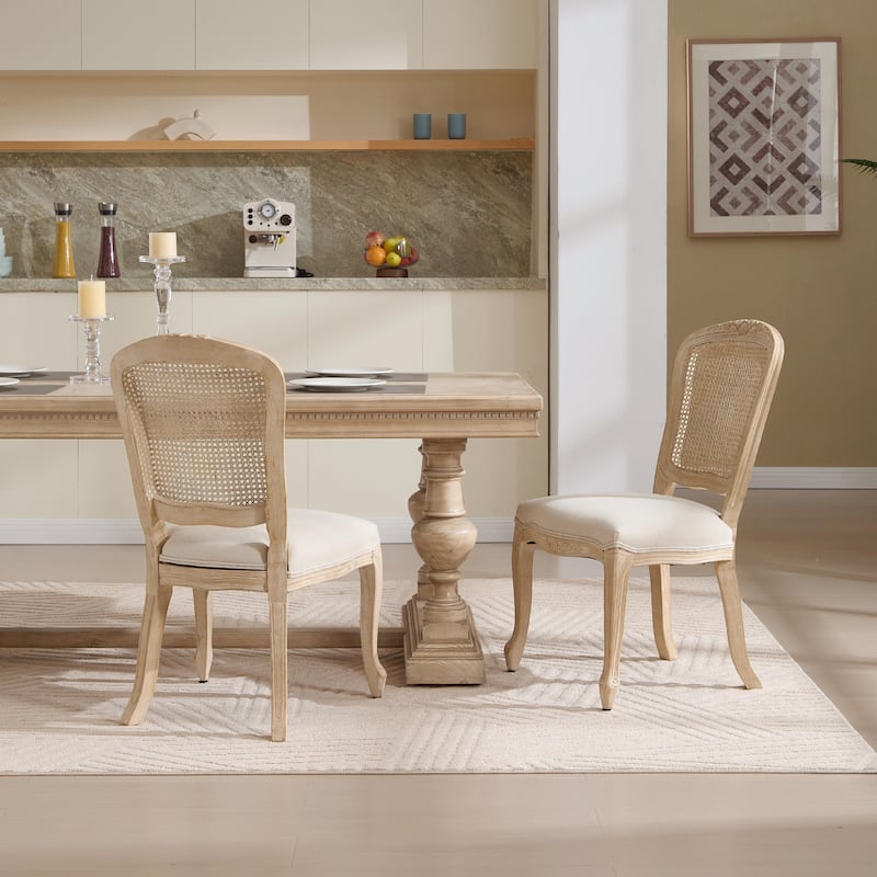 Set of 2 French Country Dining Chairs, Upholstered with Natural Rattan Fan-Shaped Back