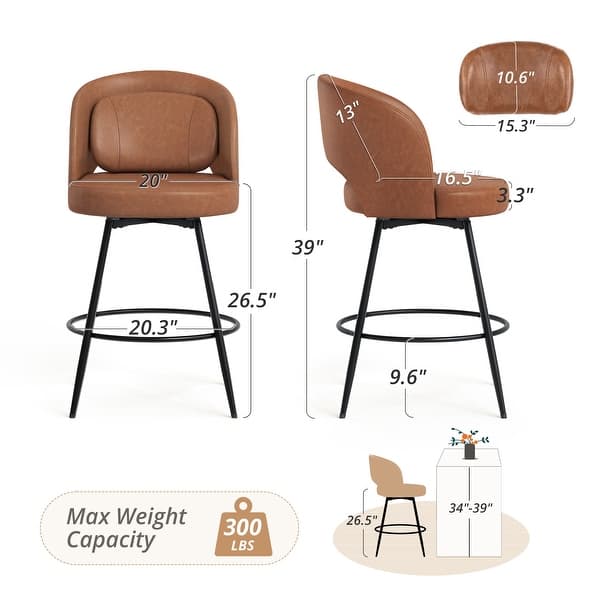 dimension image slide 2 of 4, Swivel Bar Stools Set Of 2/3/4, Metal Bar Stools, Modern Upholstered Bar Stools For Kitchen Island - 20.3"W X 20.3"D X 39"H