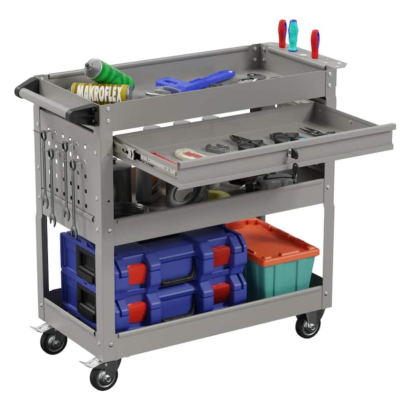 3-Tier Rolling Tool Cart on Wheels for Mechanics with Utility Drawer - Grey