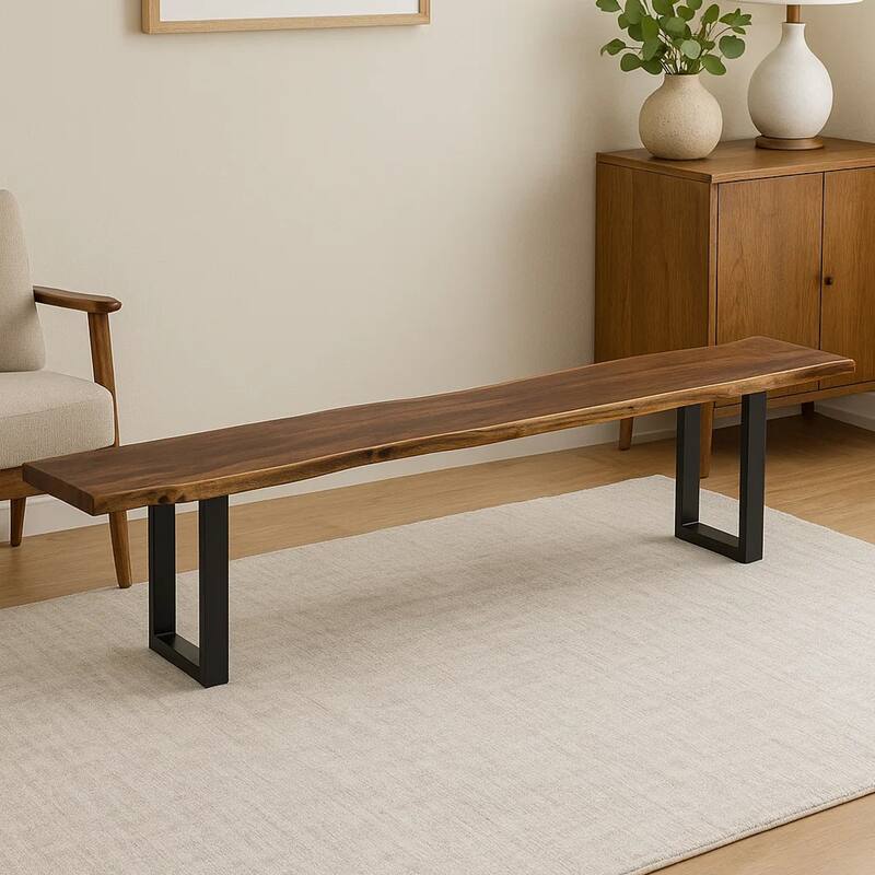 Cid Xue 102 Inch Dining Bench, Brown Live Edge Rectangular Top, Black Metal