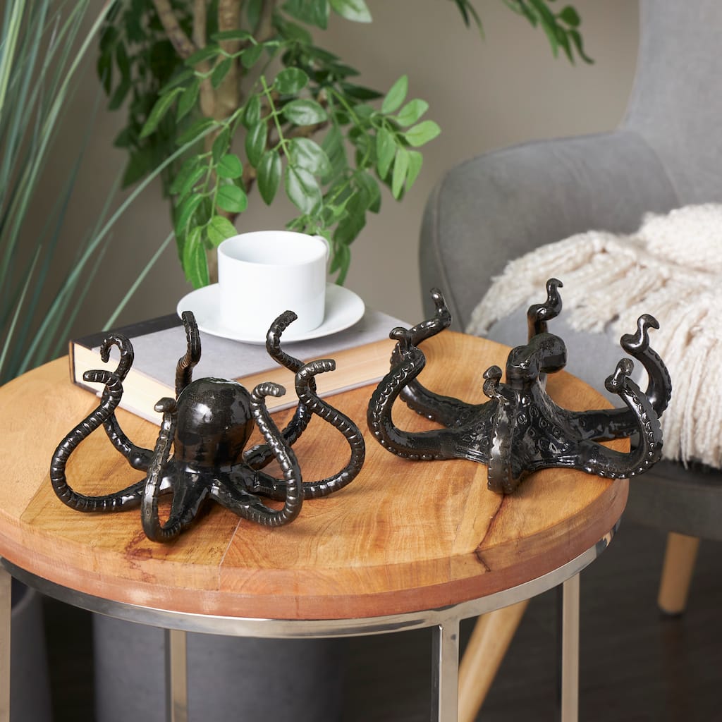 Black Aluminum Metal Octopus Decorative Sculpture with Splayed Arms (Set of 2)