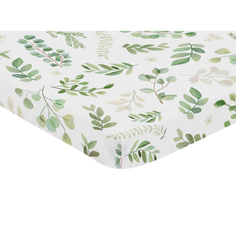 Floral Leaf Baby Girl Fitted Mini Portable Crib Sheet Green and White