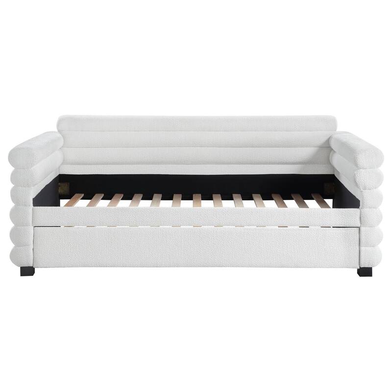 Ricia Twin Daybed with Trundle, Layered Bolster Design, White Boucle