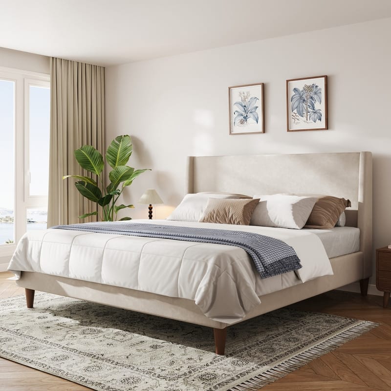 Upholstered Wingback Bed Frame with Headboard and Walnut Wooden Legs, No Box Spring Needed Low Profile Platform Bed