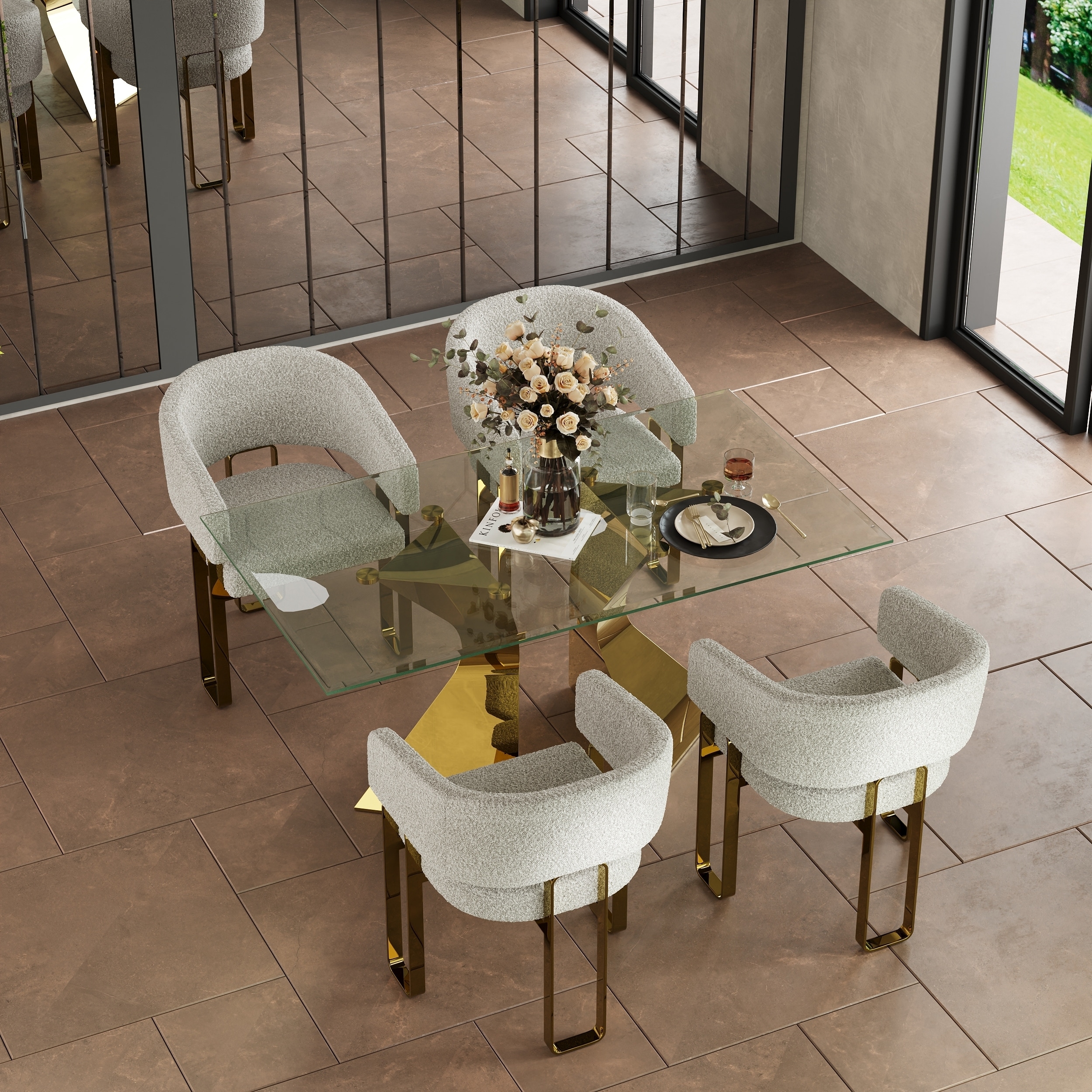 Luxury Glass and Gold Dining Table Set with White Boucle Upholstered Dining Chairs