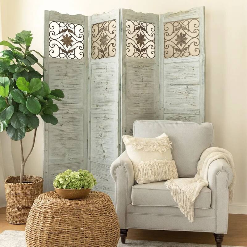 Wooden 4 Panel Screen with Textured Panels and Scrolled Details, White