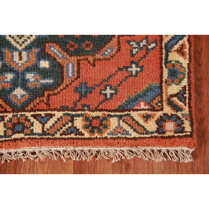 Hand Knotted Oriental 100% Wool Carpet Traditional Geometric Oranges & Rust Kazak Runner Rug - 9' 10'' X 2' 7''