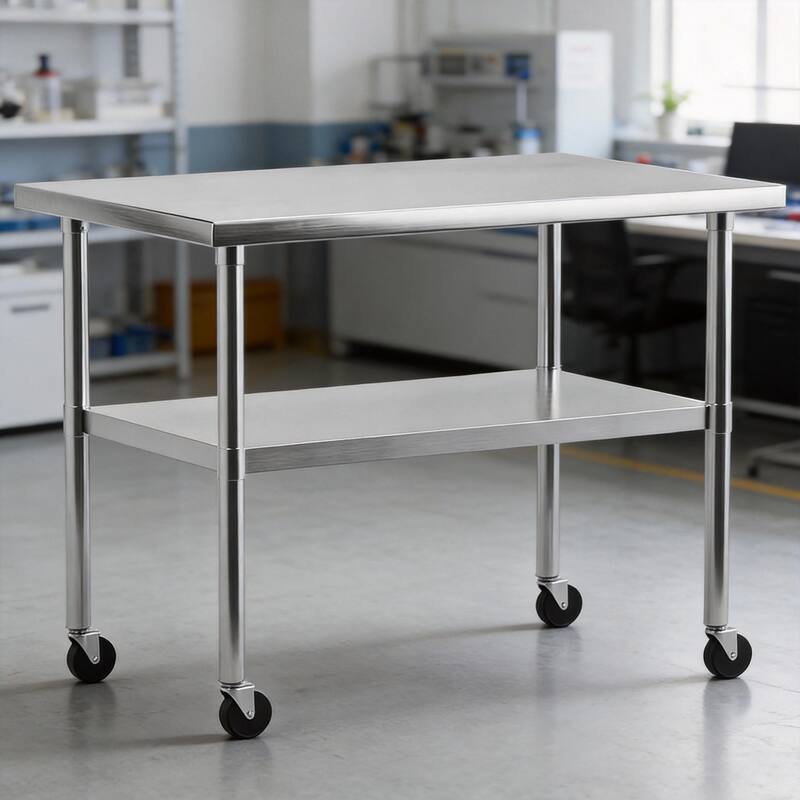 Heavy Duty Stainless Steel Work Table, with Wheels and Adjustable Bottom Shelf - 24*30 in