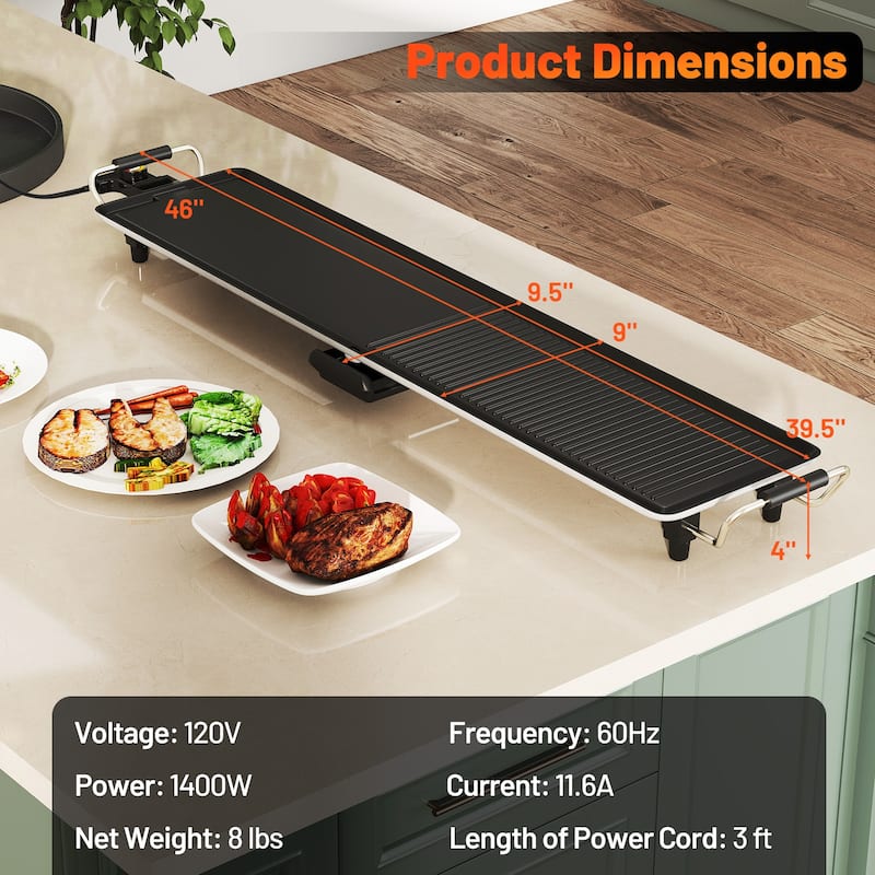6" Black Aluminum Nonstick Electric Griddle with 2 Anti-Scald Handles and 4 Non-Slip Foot Pads - 46" x 9.5" x 4" (L x W x H)