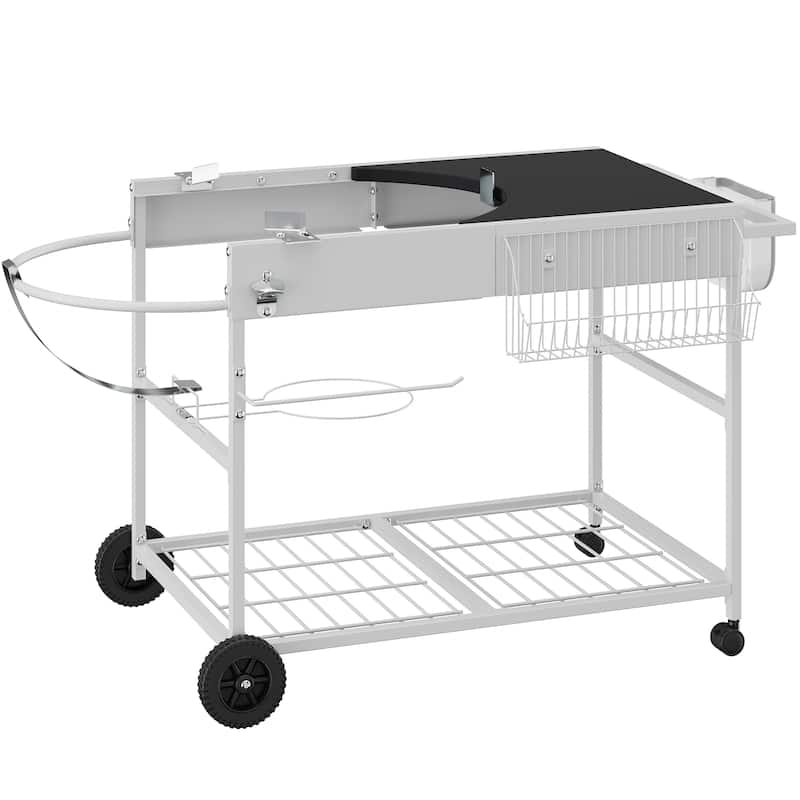 Outdoor Metal Bar Cart with Lid Holder & Storage, Rolling Grill Cart - N/A - Silver