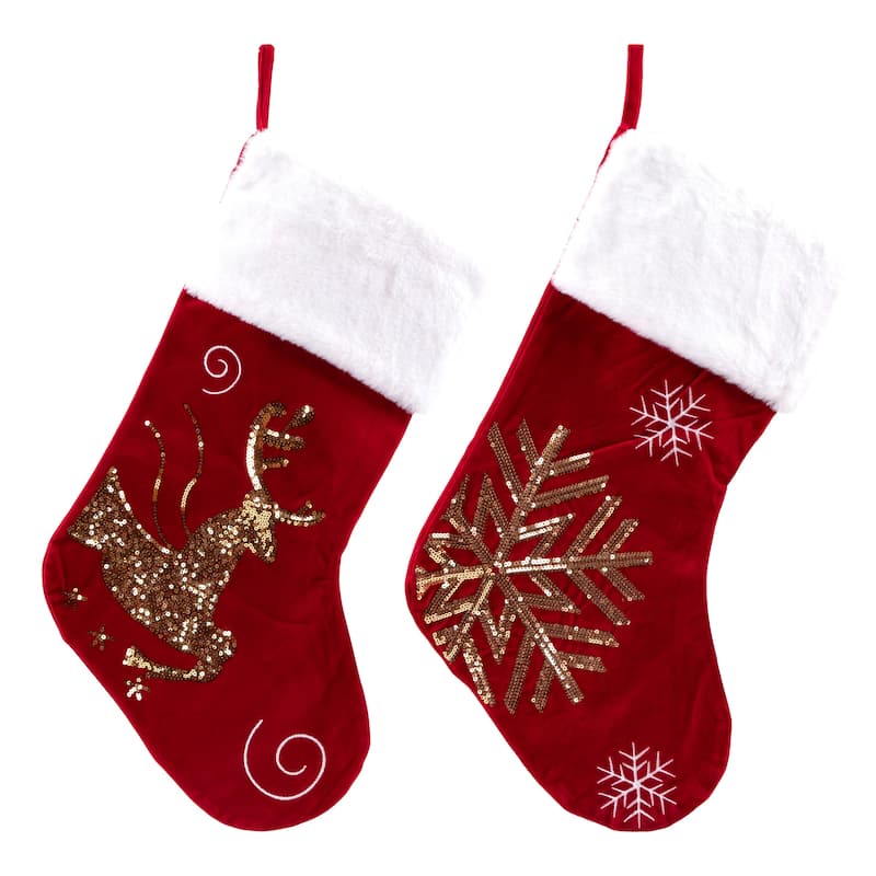 Reindeer and Snowflake Sequin Christmas Stockings - 20" - Red and White - Set of 2