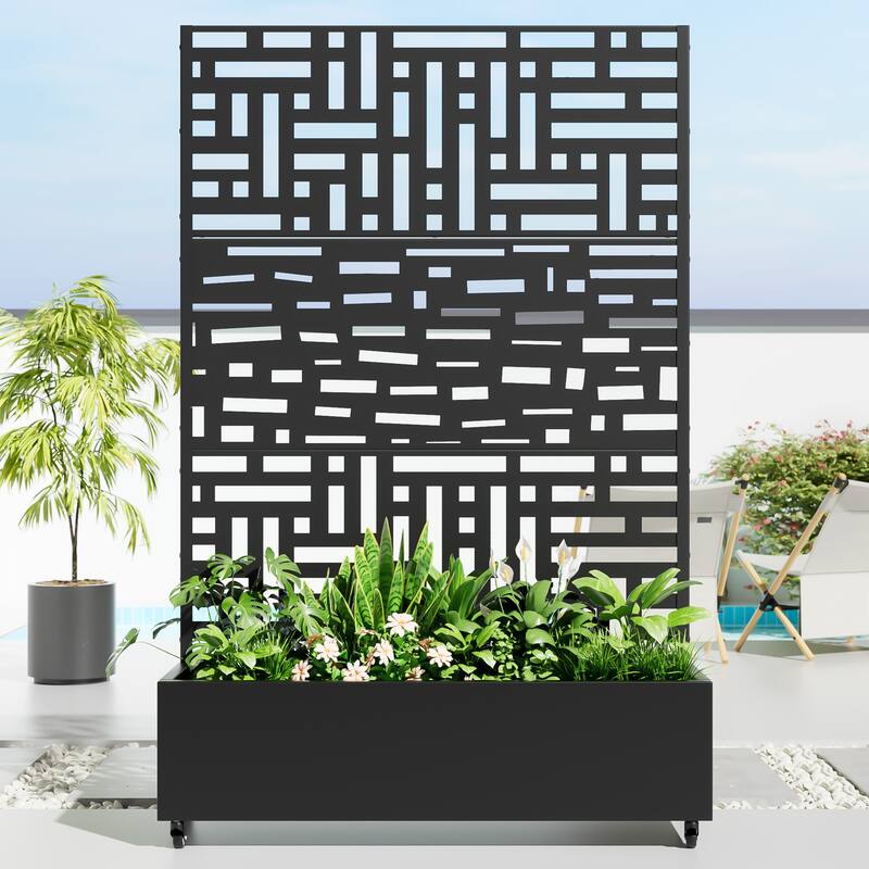Metal Movable Planter Box with Trellis Privacy Screen Planter Box with Lockable Wheels