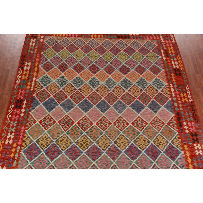 All-Over Trellis Kilim Oriental Large Rug Hand-Woven Wool Carpet - 10'8"x 12'11"