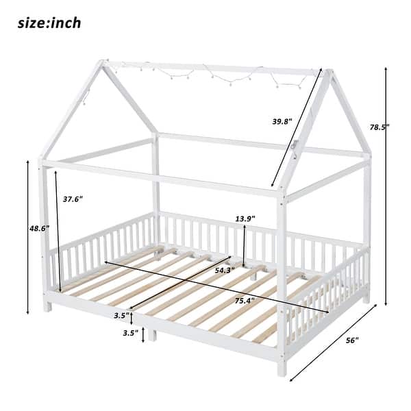 Wood Full House-Shaped Kids Pine Bed Frame with 13.9'' height Guardrails and LED Design for Bedroom, White, Easy to Assemble