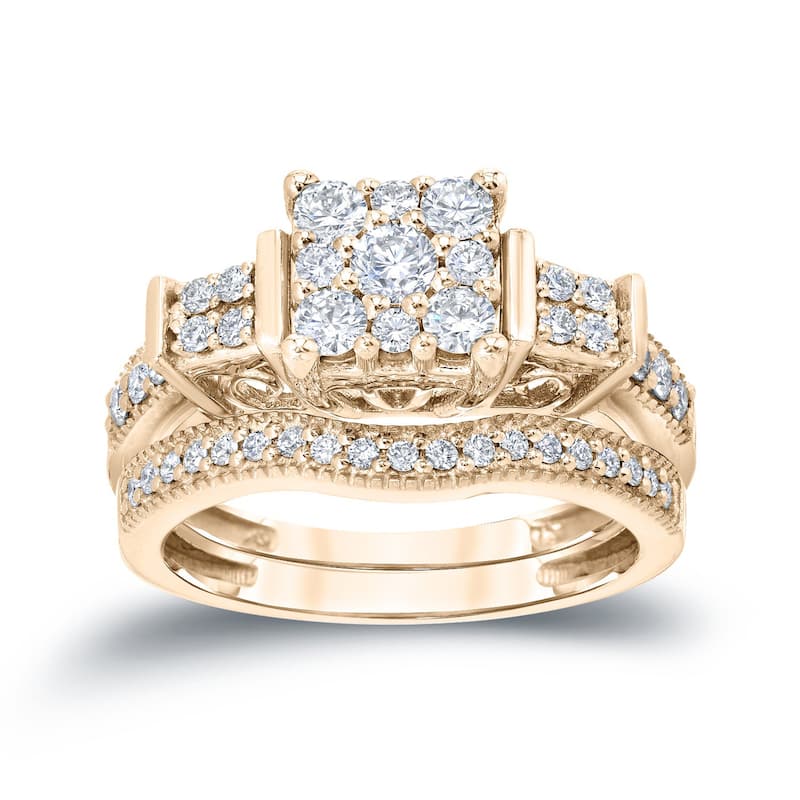 Auriya 14k Gold 3/4ctw Ornate 3-Stone Halo Diamond Engagement Ring Set - Yellow - 4