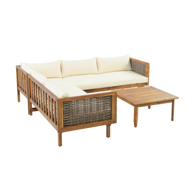 Premium Sectional Seating Group with Waterproof Cushions and Acacia Wood Frame for Outdoor Use Beige