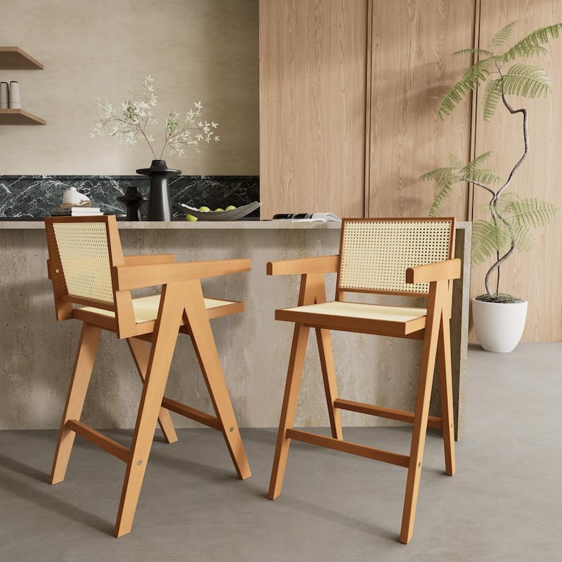 27",Set of 2 Modern Minimalist Bar Stool with Cane Seat, Solid Wood Frame