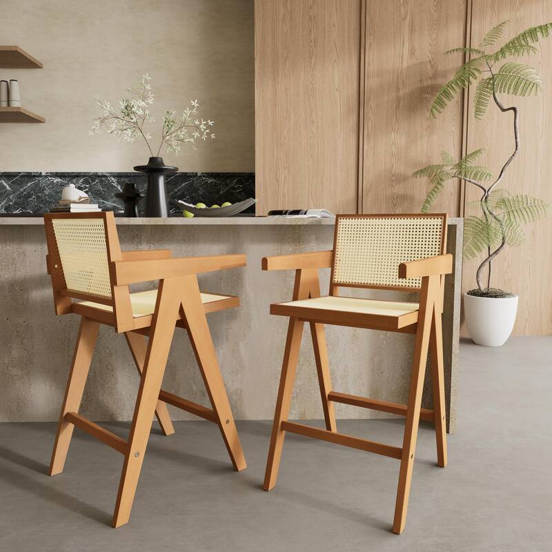 Modern Minimalist Bar Stool with Cane Seat & Natural Solid Wood Frame, 27" Counter Height