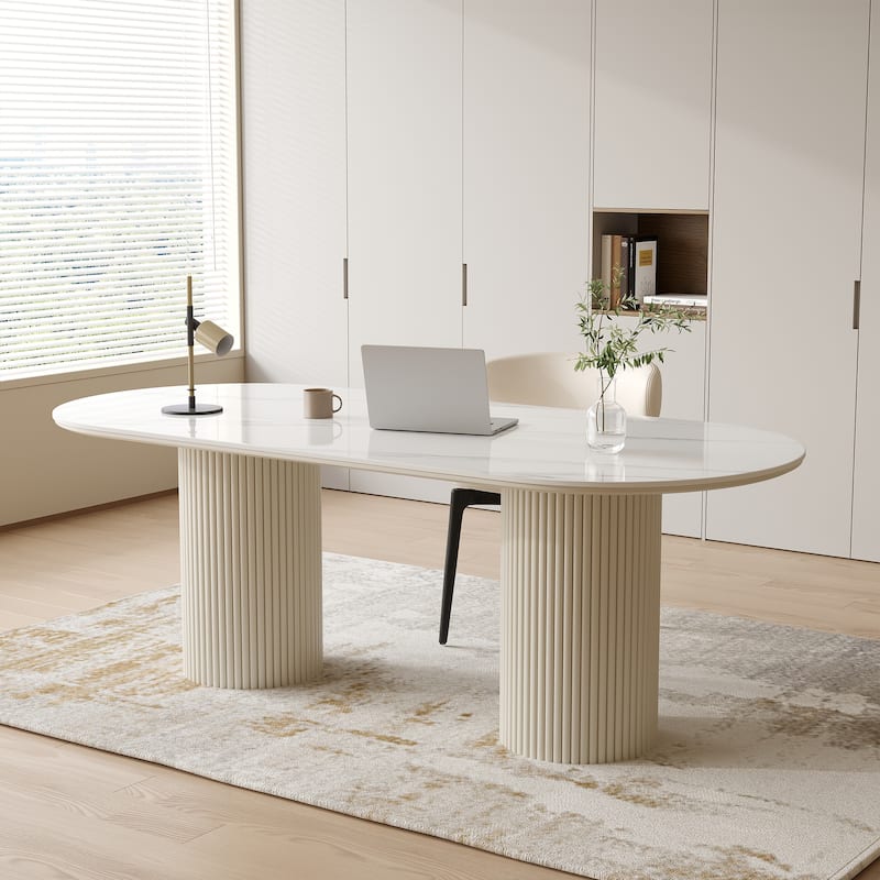 71" Modern Oval Writing Desk,Glossy White Office Table,with Double Solid Wood Legs, 3 Colors Optional
