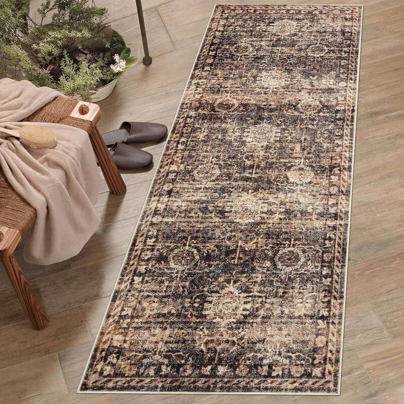 Vintage Boho Washbale Floor Cover Area Rug for Bedroom, Living Room, Brown - 1'6" x 2'6" - Brown 2' x 6'