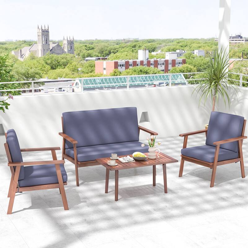 Costway 4 PCS Patio Conversation Set Acacia Wood Sofa Coffee Table - See Details - Grey+Natural