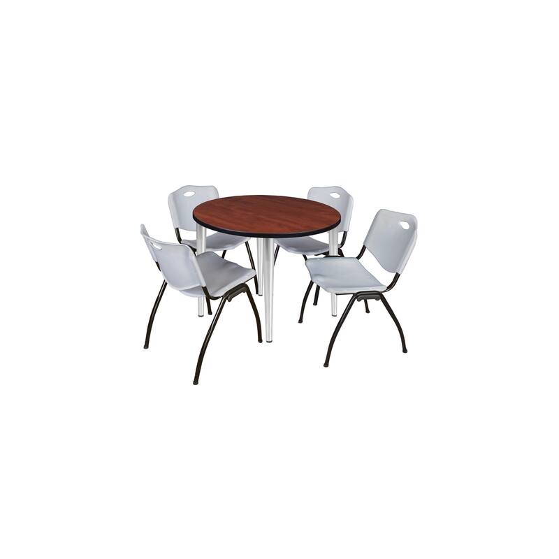 42 in. Round Breakroom Table- Cherry Top, Chrome Base & 4 M Stack Chairs- Grey