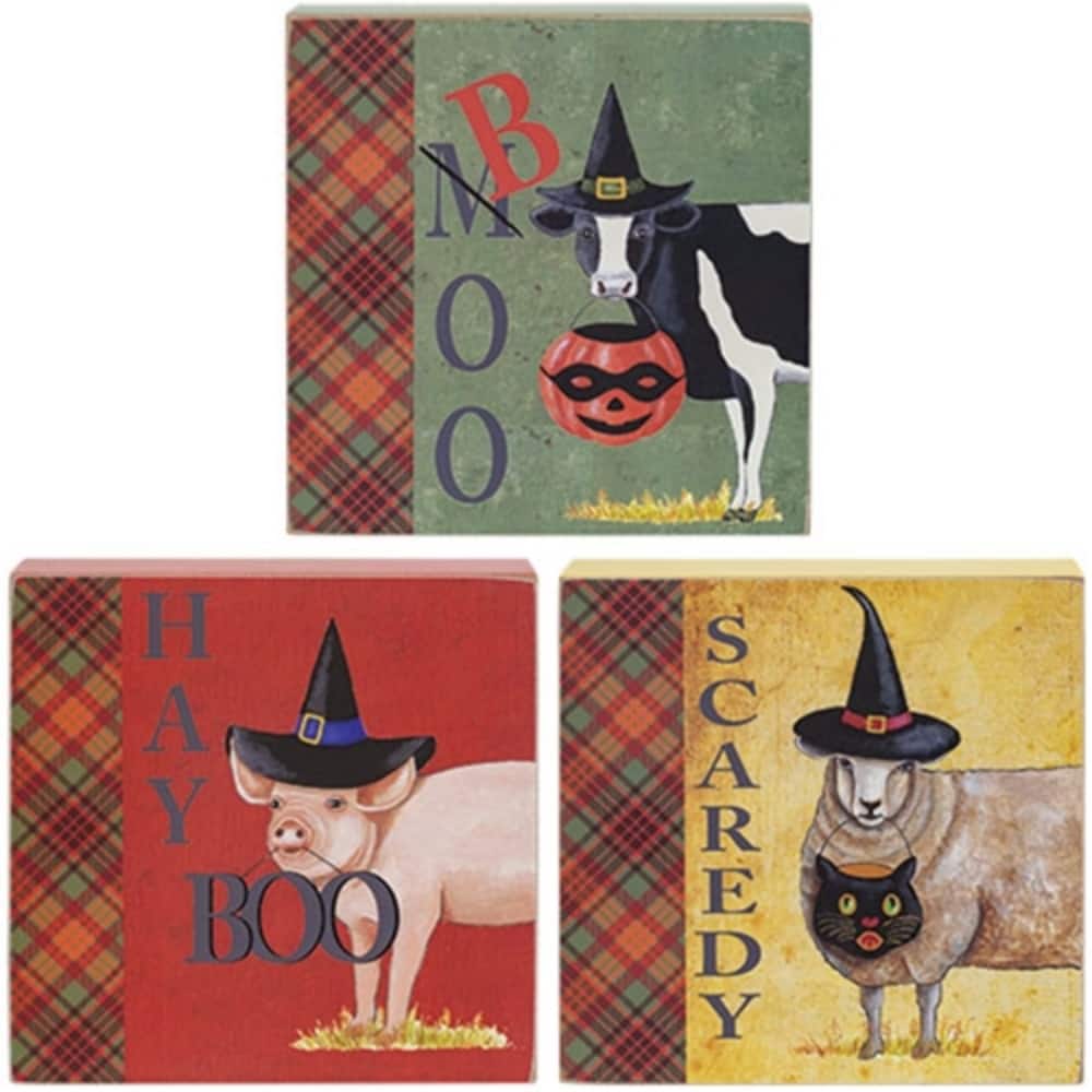 Vintage Hay Boo Scaredy Wooden Halloween Box Signs- 3 Asstd.
