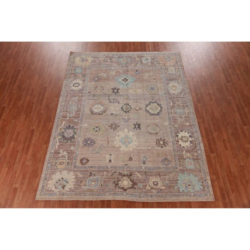 Hand Knotted Oriental 100% Wool Carpet Transitional All-Over Brown Oushak Area Rug - 10' 6'' X 8' 0''