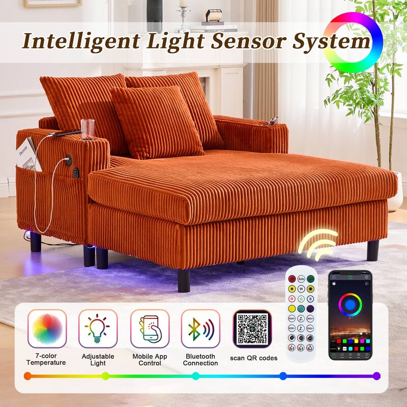 GDFStudio - Corduroy Recliner Sofa with USB Charging, RGB LED Light Strip - Suitable for Living Room and Bedroom