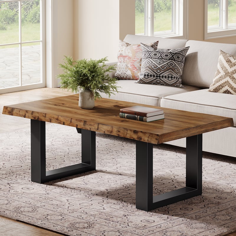 47 Inch Solid Wood Coffee Table for Living Room, Modern Center Table with Metal Frame - 47.2" W x 23.6" D x 17.7" H - Brown+Black