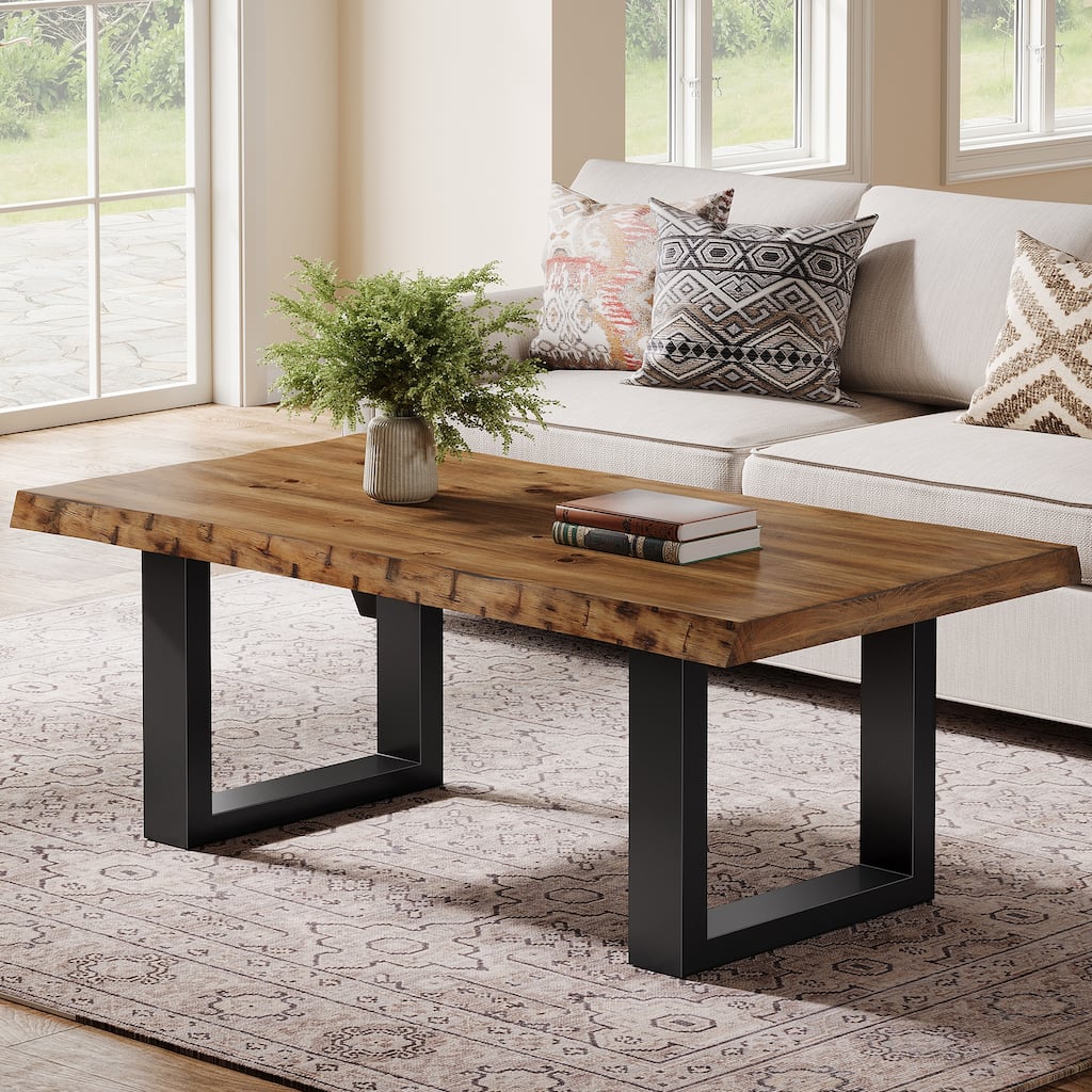 47 Inch Solid Wood Coffee Table for Living Room, Modern Center Table with Metal Frame - 47.2" W x 23.6" D x 17.7" H