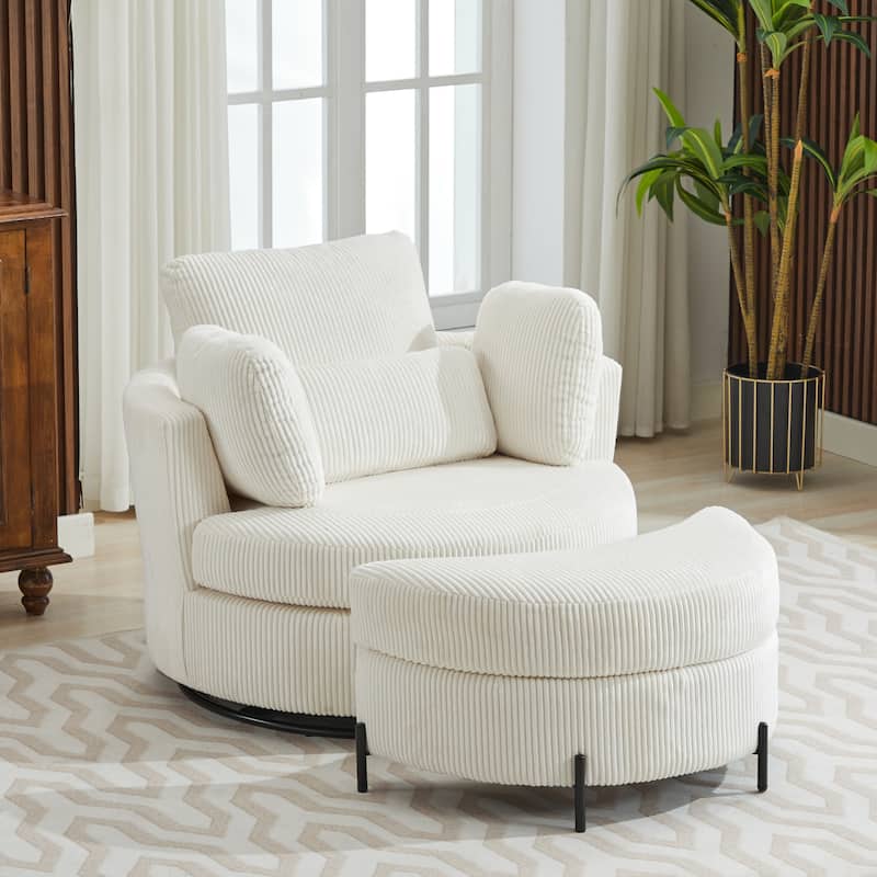 42.3"W Upholstered Swivel Accent Chair with 4 Pillows and Half-Moon Storage Ottoman