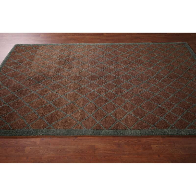 All-Over Brown Trellis Nepalese Oriental Rug Hand-Knotted Wool Carpet - 5'0"x 8'1"