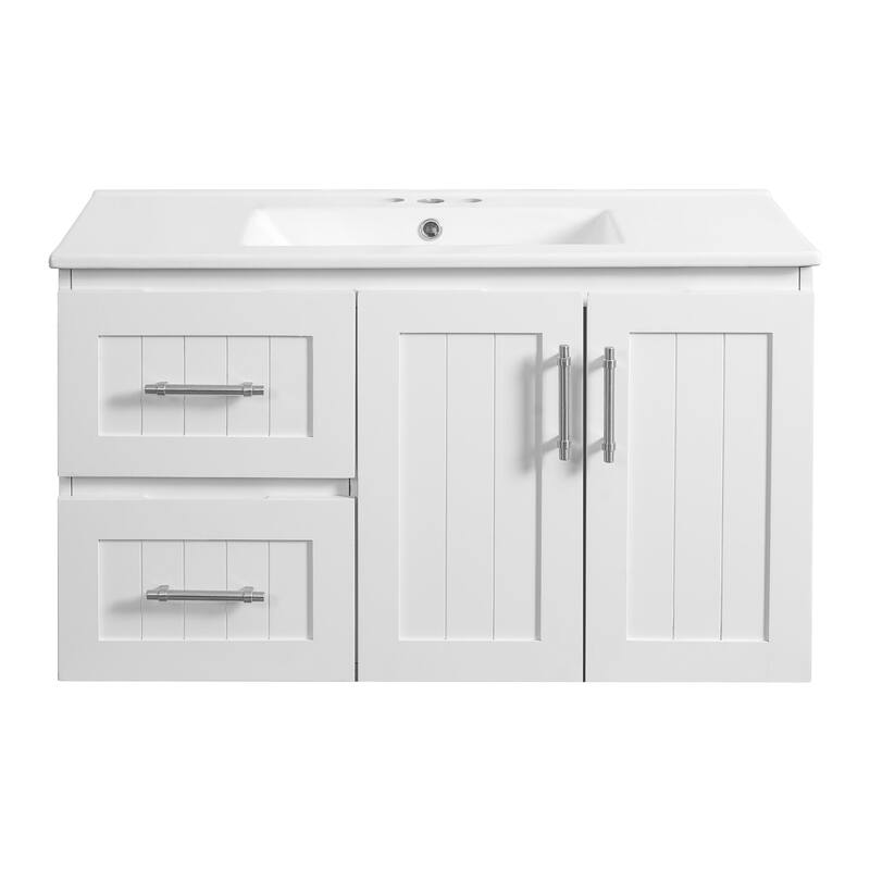 36'' Wall Mounted Bathroom Vanity - Floating Bathroom Storage Cabinet with 2 Drawers, 3 Holes Single Ceramic Sink
