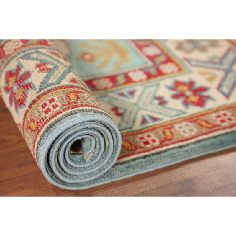 Turquoise Blue Kazak Oriental Accent Rug Hand-Knotted Wool Carpet - 2'9" x 3'11"