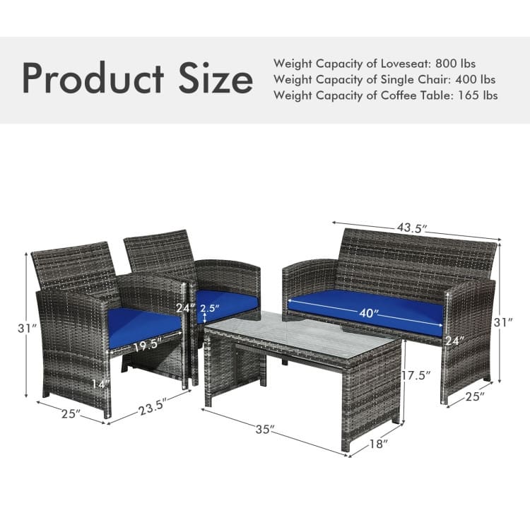 4 Pieces Patio Rattan Furniture Set with Glass Table and Loveseat - 43.5" x 25"x 31" (L x W x H)