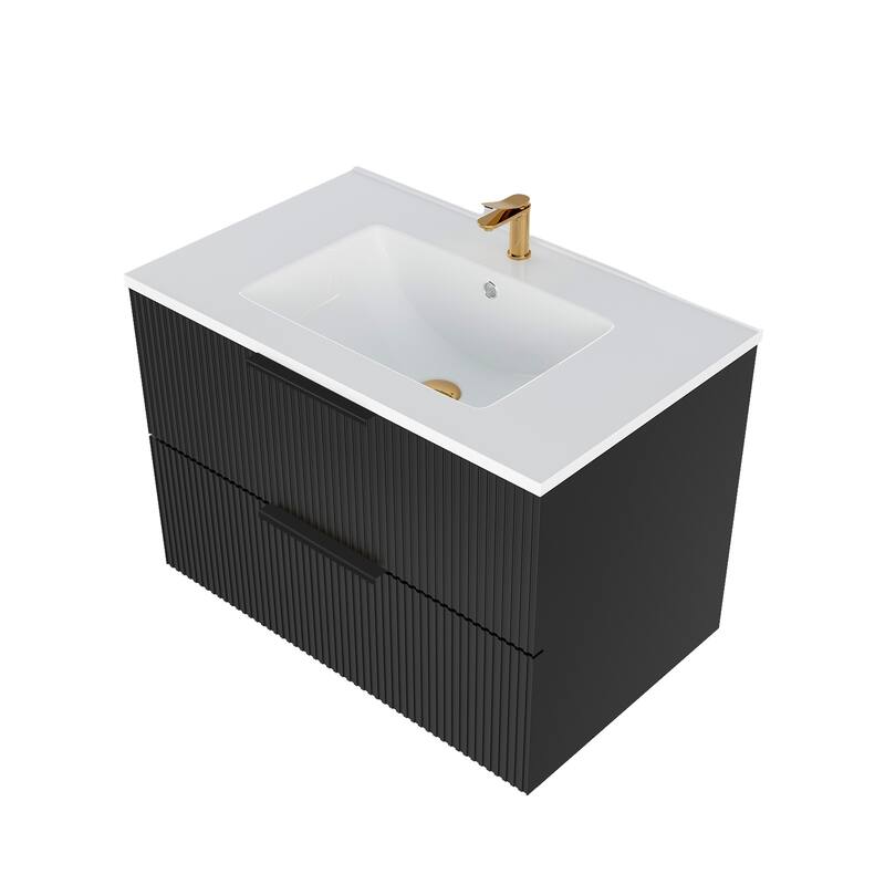 30" Floating Bathroom Vanity with Ceramic Sink - Wall Mounted Fluted Vanity Cabinet with Drawers, Modern Design