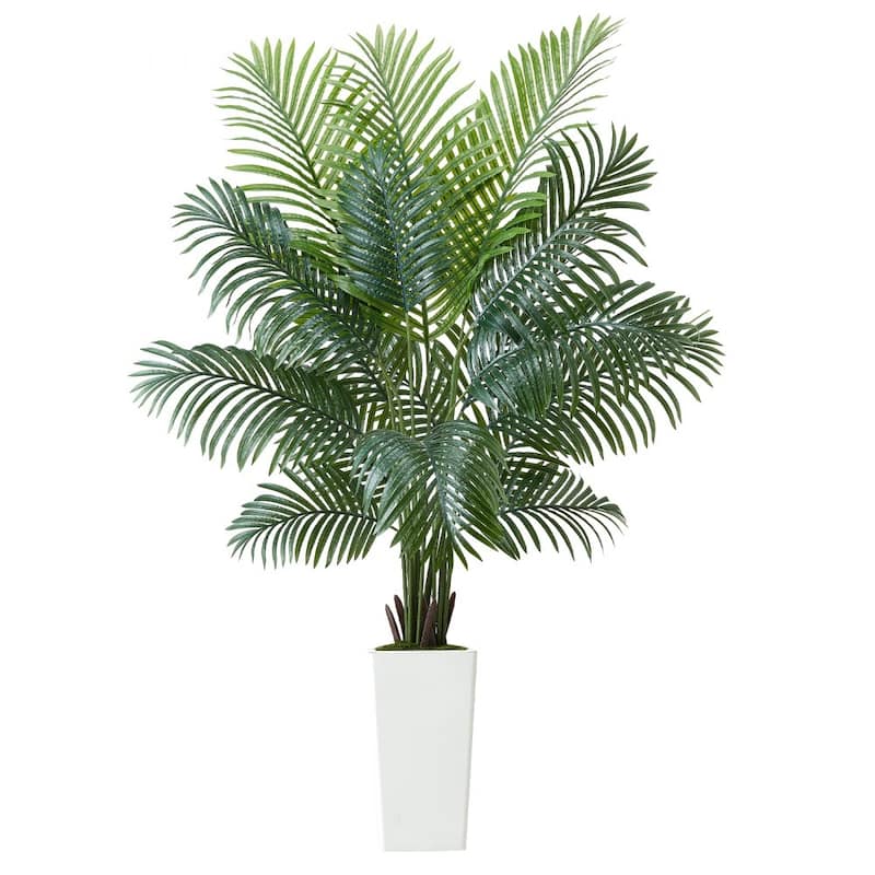 Green Lifelike Faux Areca Palm Tree with Moss-Covered Planter for Indoor Plant Decoration