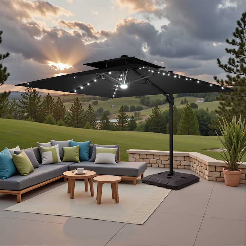 9 FT x 11 FT Outdoor Double Top LED Lighted Patio Cantilever Umbrella with Base - Black
