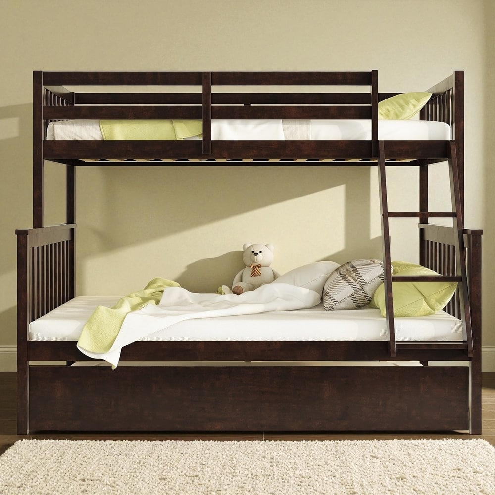 Twin Over Full Rubber Wood Bunk Bed with Twin Trundle, Convertible Ladder, Detachable Design, and Safety Guardrails